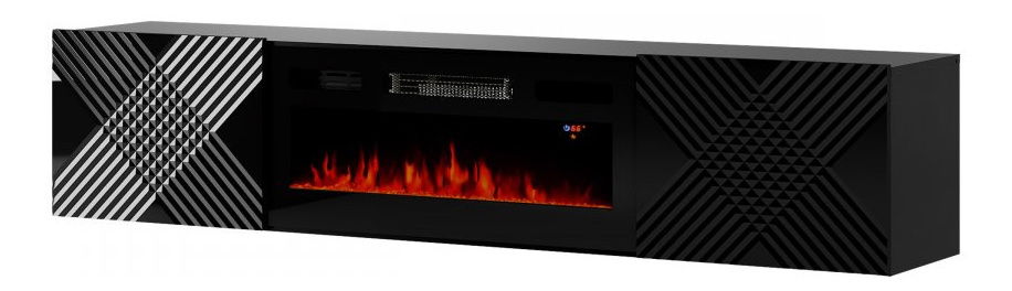 TV skříňka/stolek s elektrickým krbem Madrealla 2D (černá + černá lesklá)
