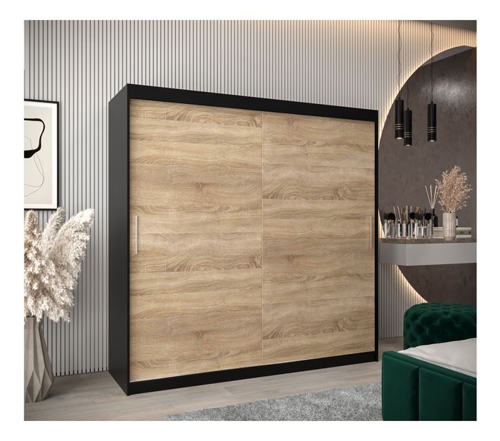 Šatní skříň 200 cm Toki (Černá matná + Dub sonoma)