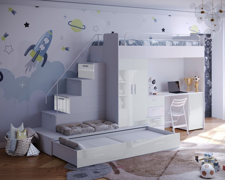Dětská postel Ruby V (Bílá + Bílá) (s rošty)