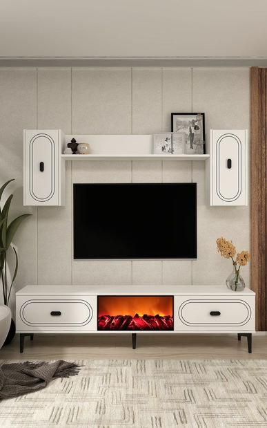 Obývací stěna s krbem Wendy (bílá + zlatá)