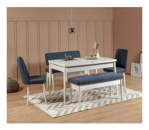 Rozkládací jídelní stůl se 2 židlemi a 2 lavicemi Vlasta (bílá + tmavě modrá)