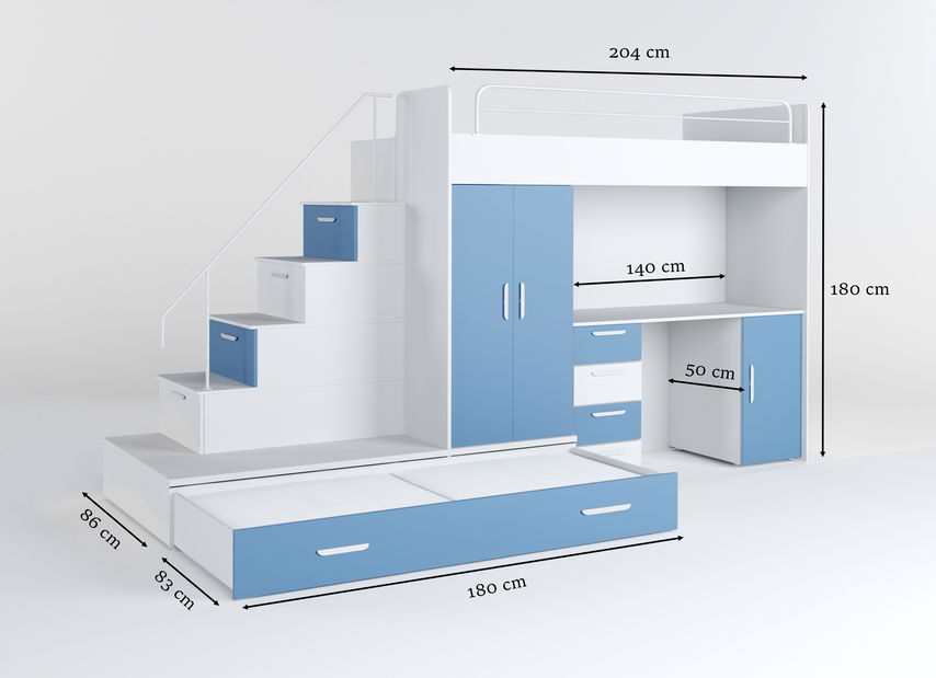 Dětská postel Ruby V (bílá + světle modrá) (s rošty)