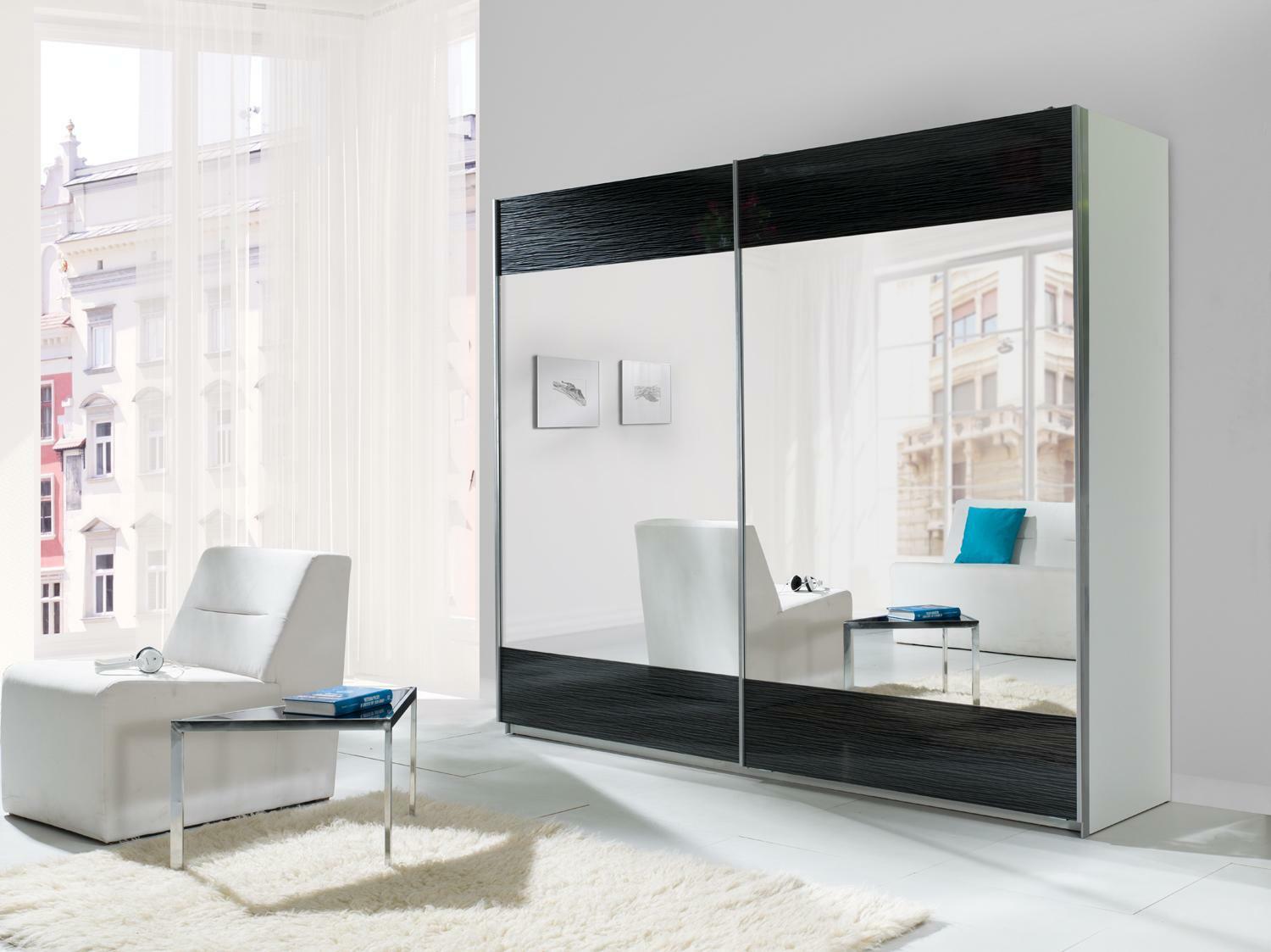 Šatní skříň s posuvnými dveřmi Laurenia (černá) (se zrcadlem)