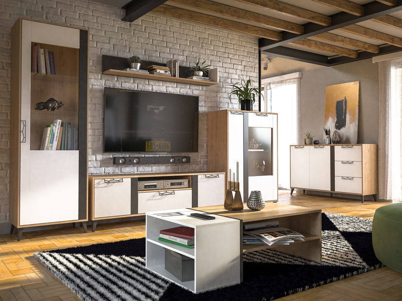 Vitrína Mussun 10 (ořech americký jackson + bílá matná + grafit matný) (L)