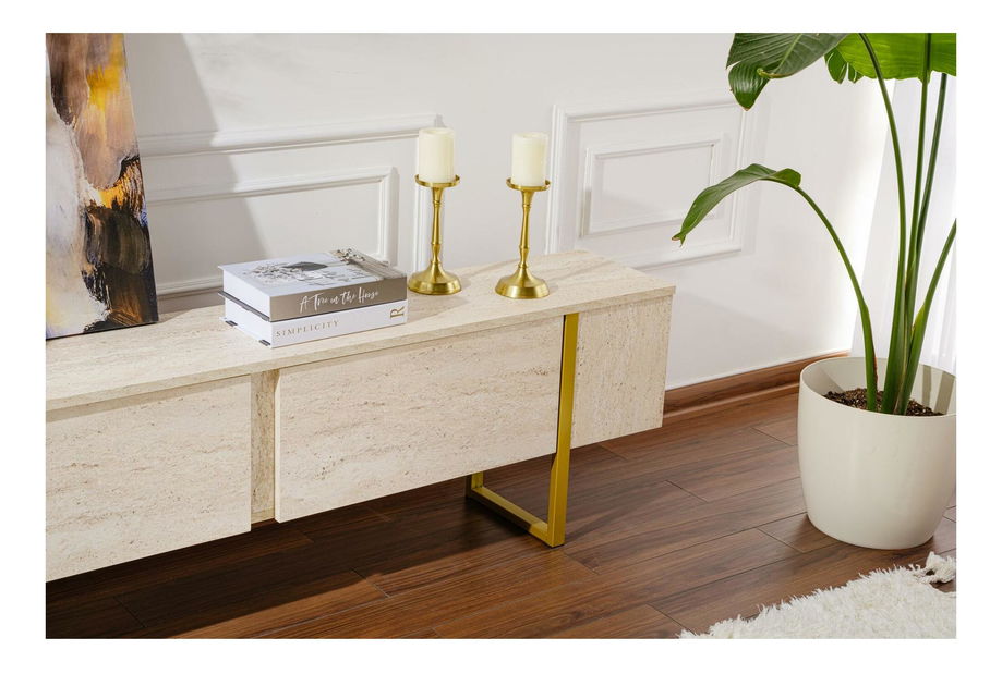 TV skříňka Seronitta (travertin + zlatá)