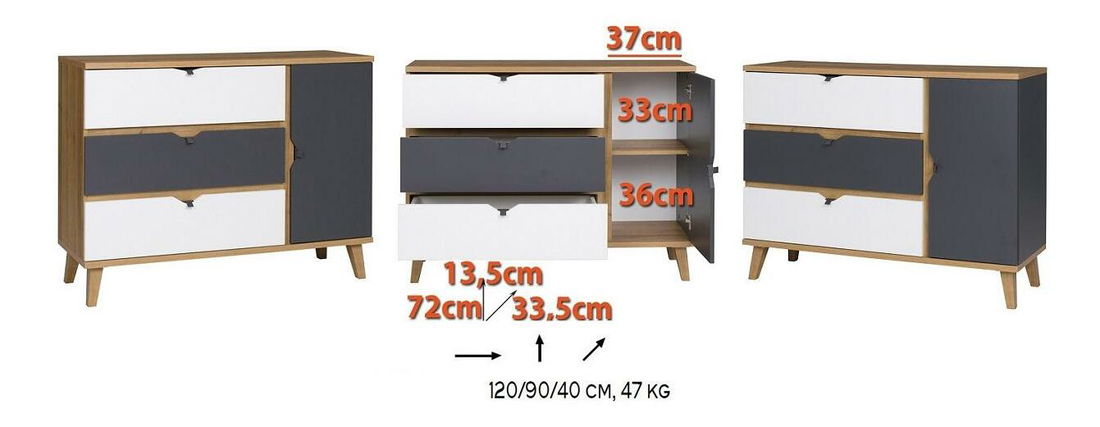 Komoda Mimone K1D3SZ (dub zlatý + bílá matná + grafit)