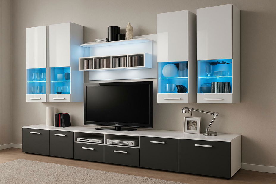 Obývací stěna Aston 2 (bílá + šedá) (s osvětlením)