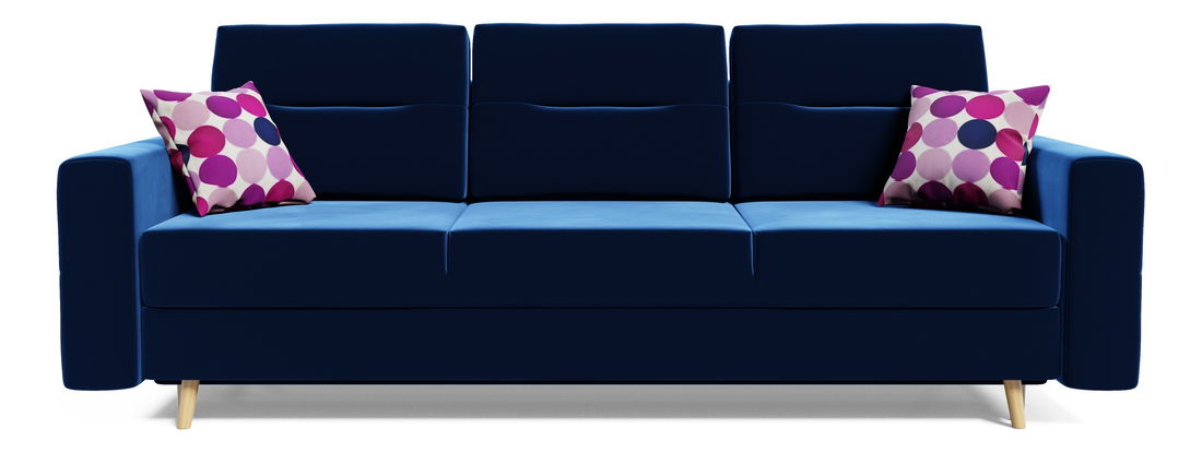 Rozkládací pohovka Bergenia (modrá + růžové polštáře)