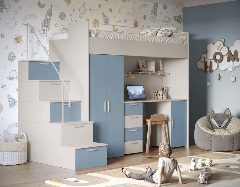 Dětská postel Ruby IV S (kašmír + mlhavá světle modrá) (s rošty)