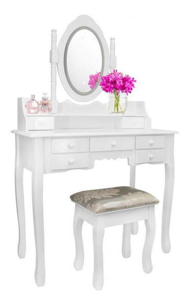 Toaletní stolek s taburetkou Pompadour (s LED osvětlením) (bílá)