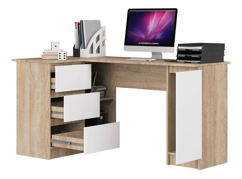 Rohový PC stolek Bevin (dub sonoma + bílá) (L)