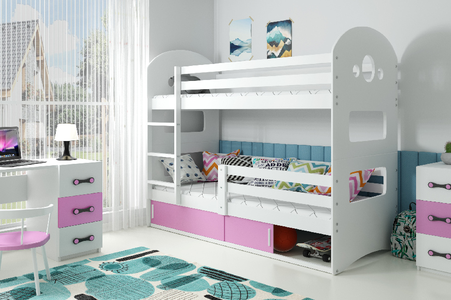 Patrová postel 80 x 190 cm Domur (bílá + růžová) (s rošty, matracemi a úl. prostorem)