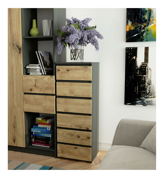 Komoda Cipriano IV (grafit šedý + dub artisan)