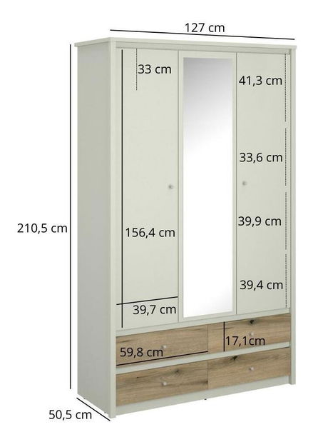 Šatní skříň Kodro 3 (kašmír + dub evoke) (se zrcadlem)