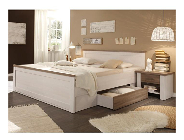 Manželská postel 180 cm Dawa (ul. Prostor + 2ks stolek) (bílá + dub sonoma)
