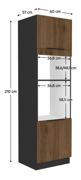 Vysoká skříňka na vestavnou troubu a mikrovlnnou troubu Monzesa 60 DPM 210 2F (ořech okapi + černá)