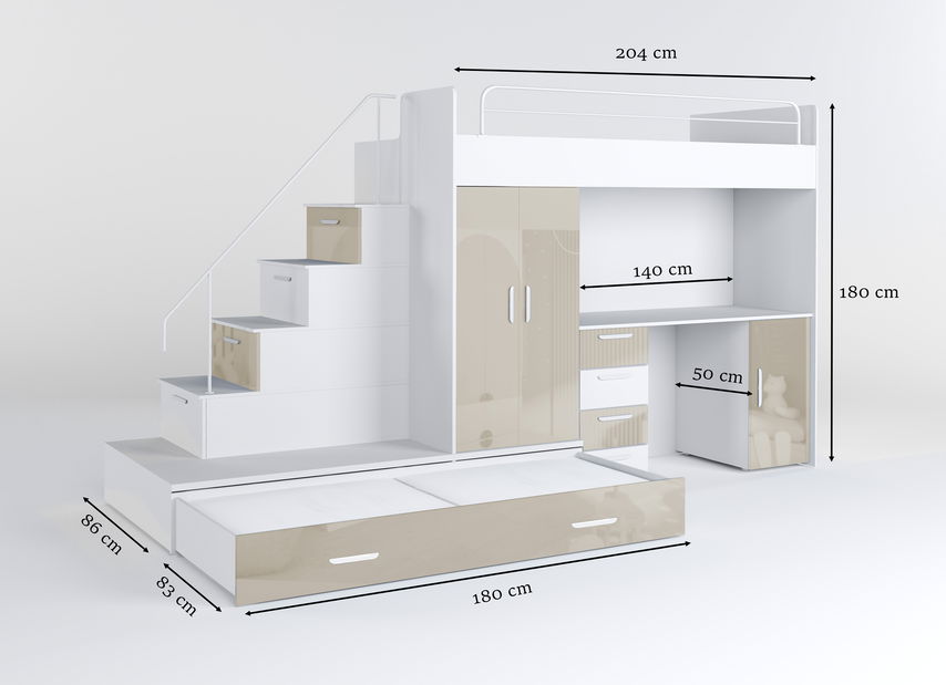 Dětská postel Ruby V (bílá + lesk béžový) (s rošty)