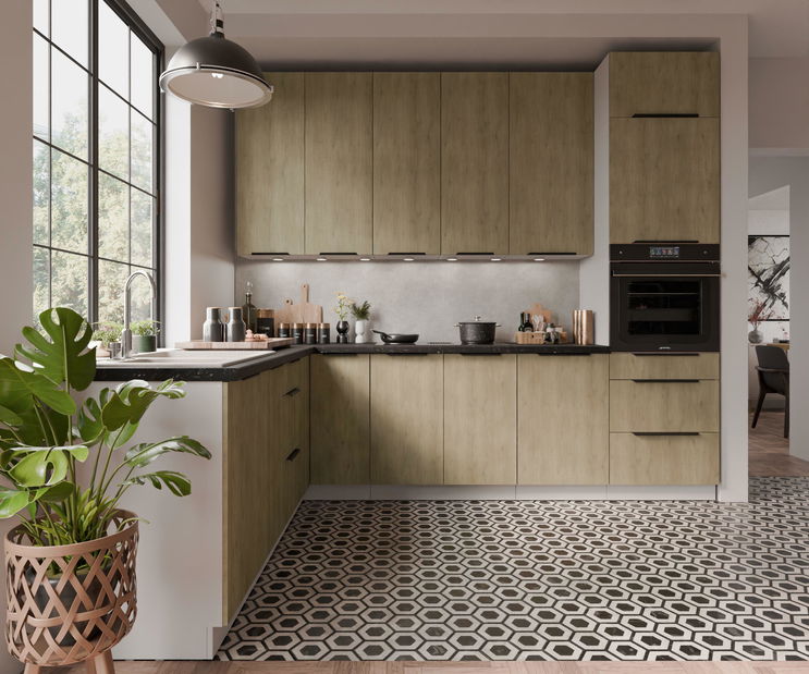 Rohová kuchyně Carminia (dub cremona + bílá)