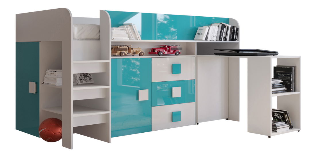 Dětská kombinovaná postel 90 cm Toreno 1 (bílá + bílý lesk + tyrkysový lesk)