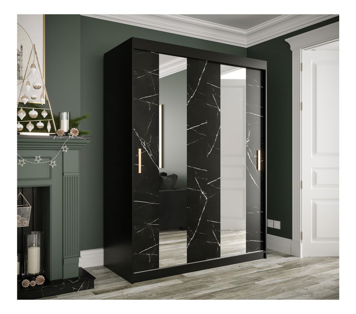 Šatní skříň 150 cm Marbelo P (matná černá + černý mramor)