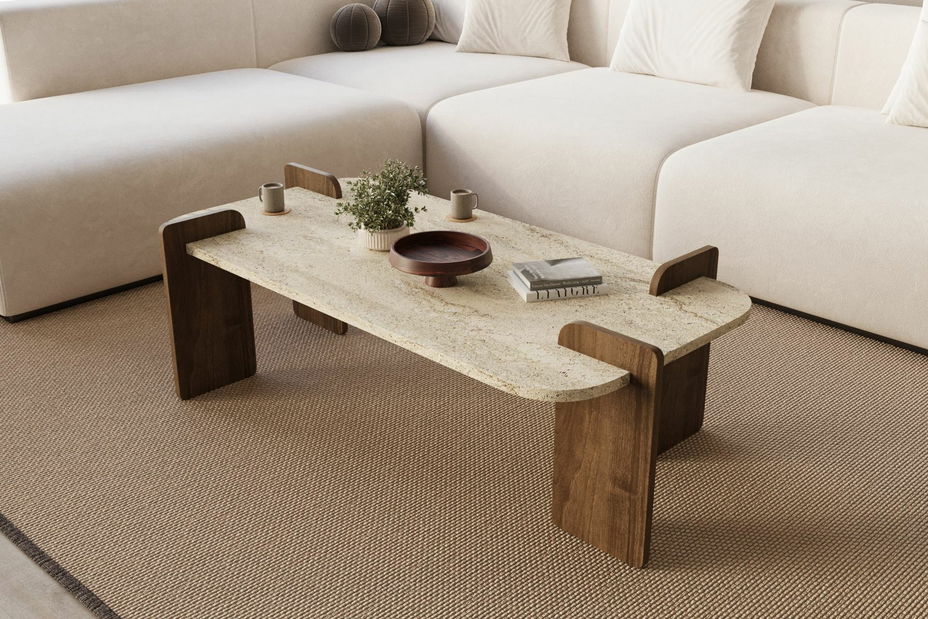 Konferenční stolek Leap (travertin + ořech)