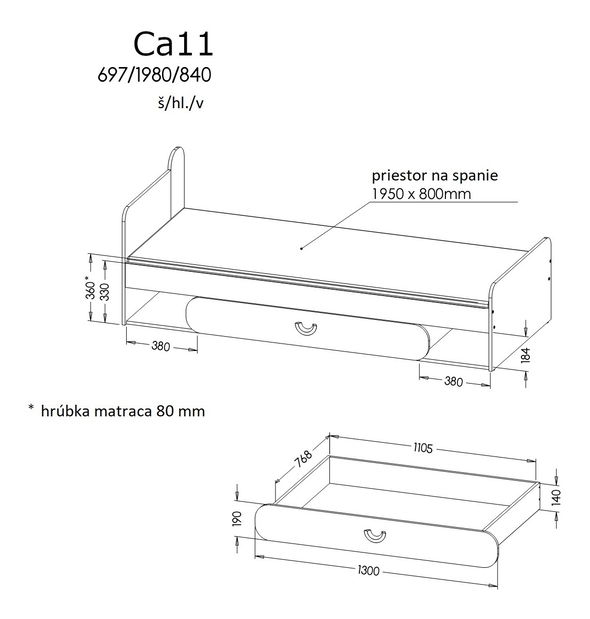 Postel typ CA11 Caryl (světlý grafit + lesklá bílá + dub nash)