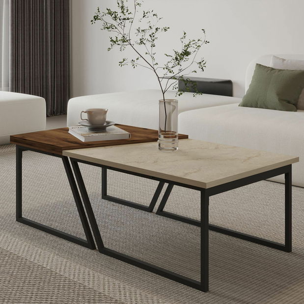 Set konferenčních stolků Veronico (travertin + ořech rustikální)