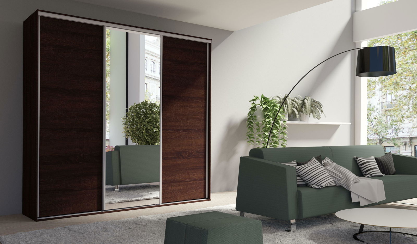 Šatní skříň s posuvnými dveřmi Gantera 3 B (čokoládová) (se zrcadlem)