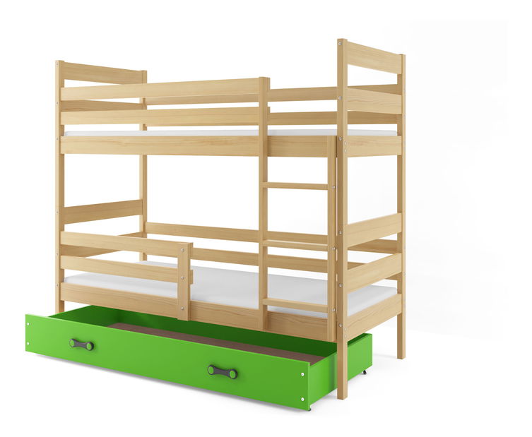 Patrová postel 90 x 200 cm Eril B (borovice + zelená) (s rošty, matracemi a úl. prostorem)