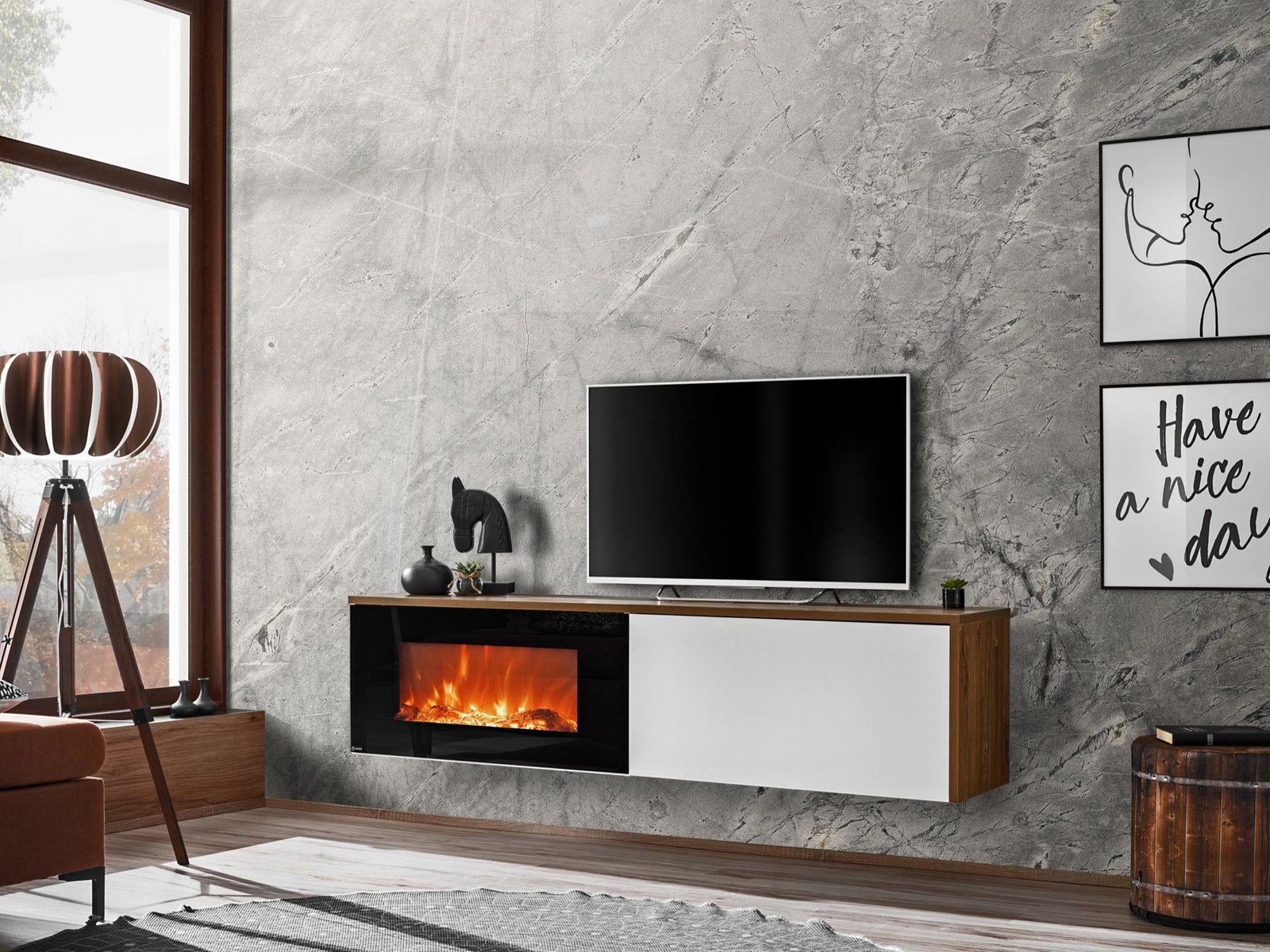 Tv stolek/skříňka Dalton (dub sterling + bílá matná) (s elektrickým krbem)