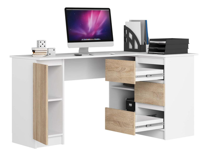 Rohový PC stolek Bevin (bílá + dub sonoma) (P)