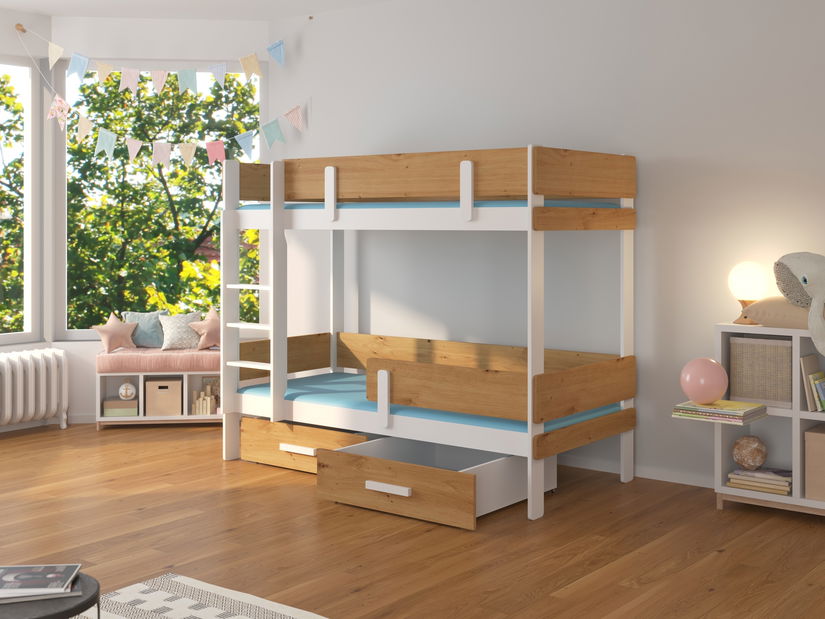 Patrová dětská postel 200x90 cm Ellen (s roštem) (bílá + dub artisan)