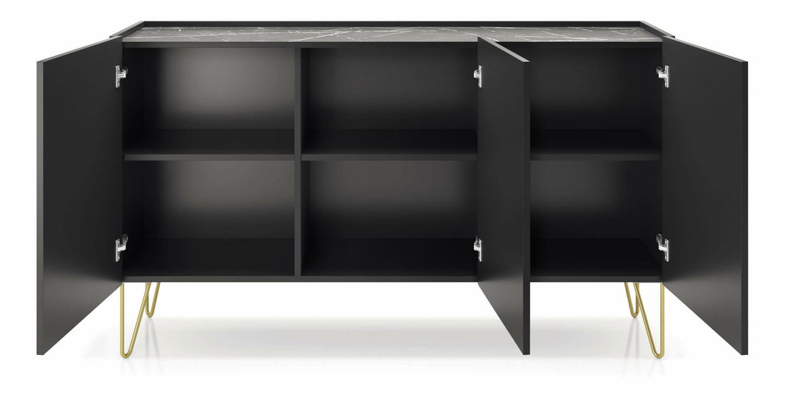 Komoda Harvest K144 (grafit černý + mramor black royal + zlatá)