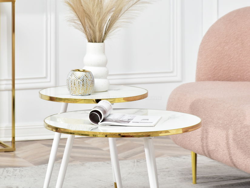 Set 2 konferenčních stolků Zoya Zest S (bílý mramor + zlatá)