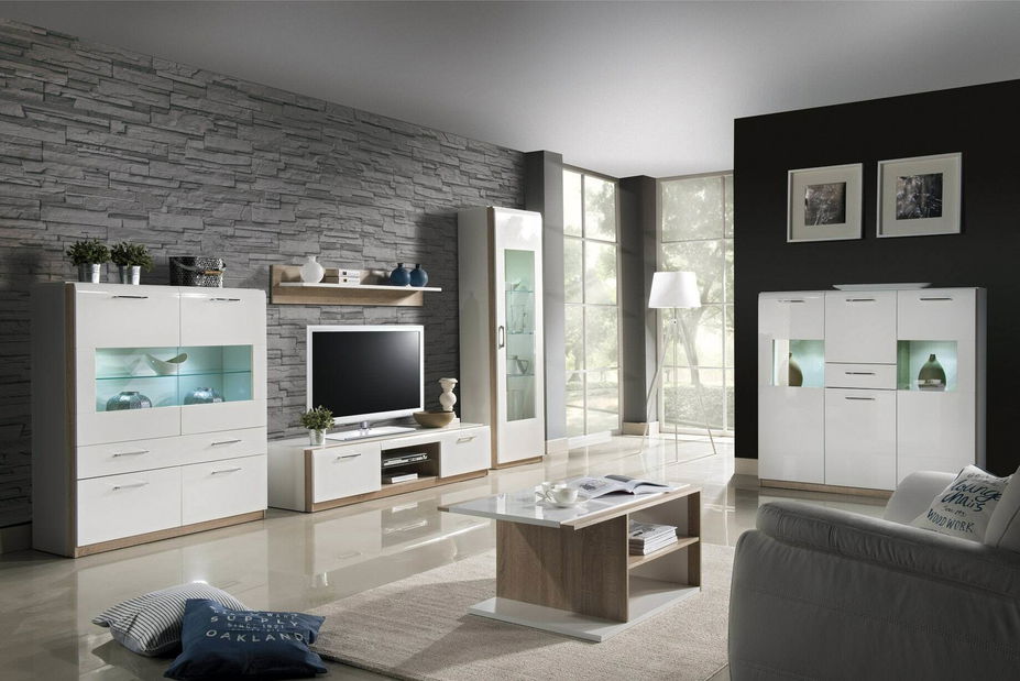 Polička Melia Typ 01 (bílá + dub sonoma světla + bílý vysoký lesk)