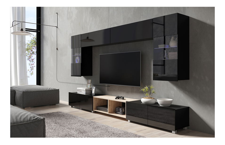 Obývací stěna Calabria C24 BLACK (černá + dub artisan) (bez osvětlení)