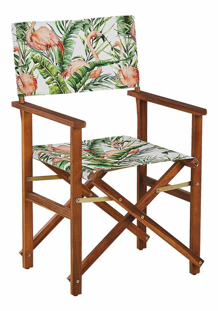 Set 2 ks zahradních lehátek s náhradními potahy Ciala (tmavé akáciové dřevo + vzor plameňáků)