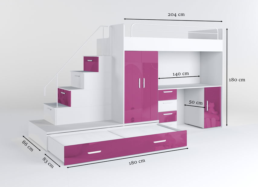 Dětská postel Ruby V (Bílá + Růžová) (s rošty)