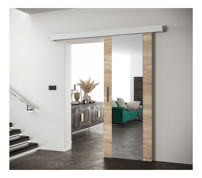 Posuvné dveře 90 cm Sharlene II (dub sonoma + bílá matná + černá) (se zrcadlem)