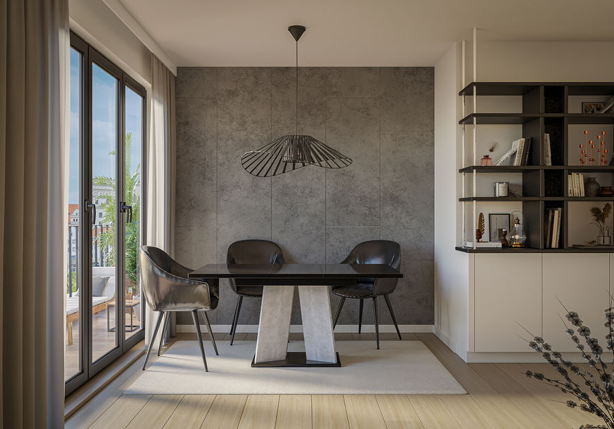 Jídelní stůl Mulnu (lesk černý + kámen) (pro 4 až 6 osob)