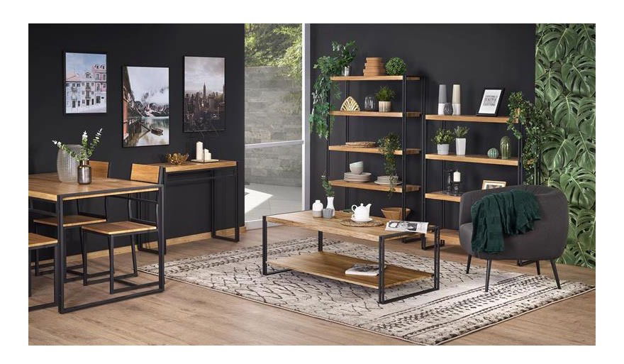 Regál Booker (přírodní dřevo + černá)