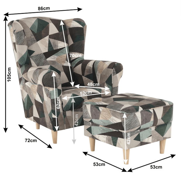 Křeslo ušák s taburetem Aevo (hnědo zelený vzor)