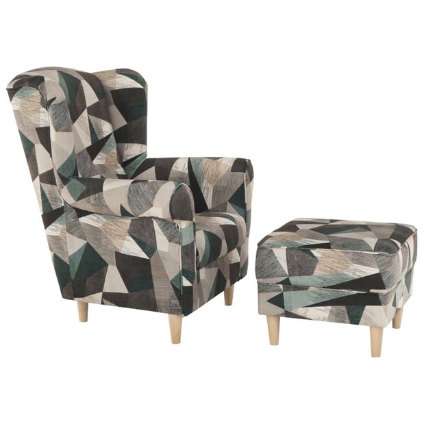 Křeslo ušák s taburetem Aevo (hnědo zelený vzor)