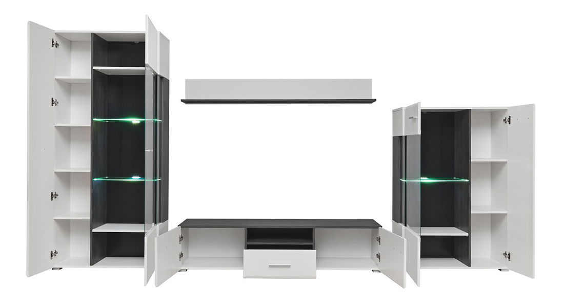 Obývací stěna Mirjan Garrett (bílá + lesk bílý + černá borovice)