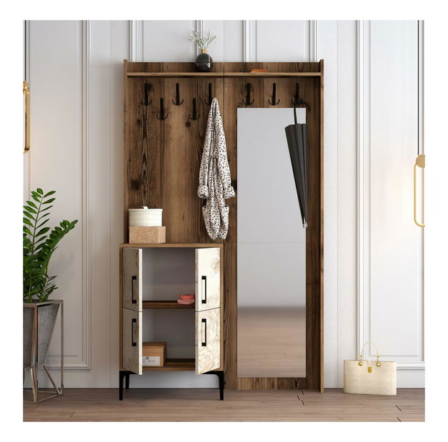 Předsíňová stěna Betina BC (bílá + ořech) (se zrcadlem)