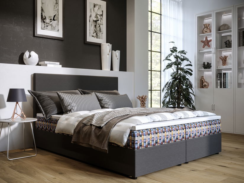 Manželská postel Boxspring 140 cm Skonto (tmavě šedá + vzor pletený) (s matrací a úložným prostorem)
