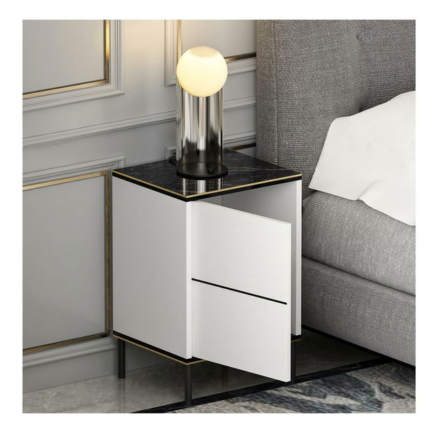 Noční stolek Iris (bílá + černá + zlatá)