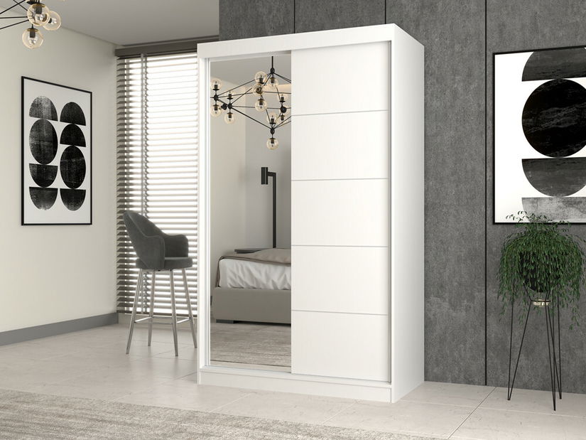 Šatní skříň s posuvnými dveřmi Igatossa 120 E (bílá) (se zrcadlem)