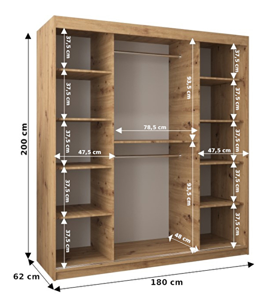 Šatní skříň 180 cm Toki 2 (Černá matná + Bílá matná)