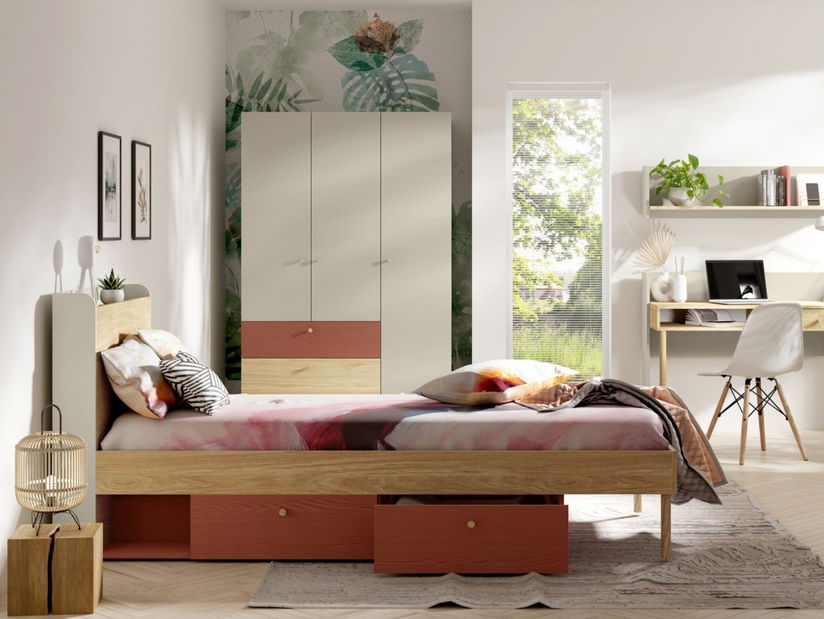 Šatní skříň Yoda 3 (světlobéžová + dub olejovaný + korálová)